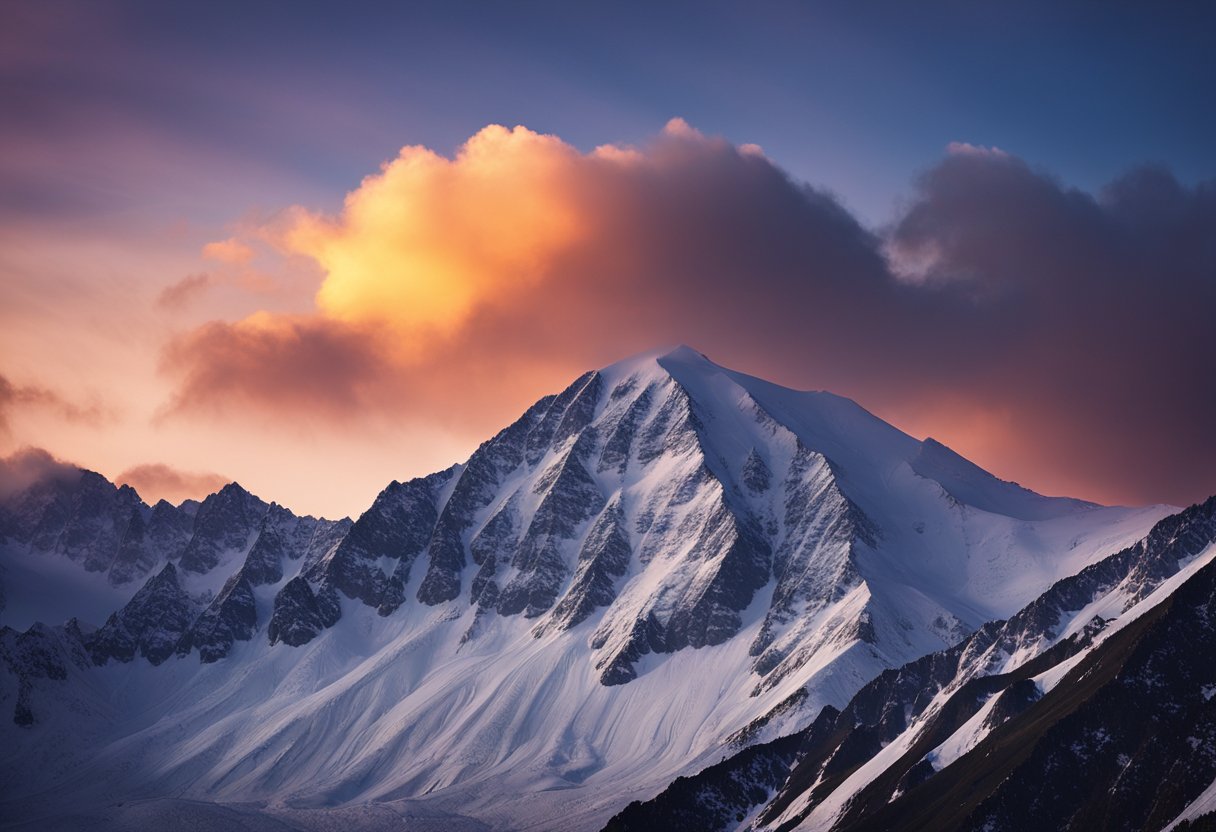 A rugged, snow-capped mountain stands tall against a vivid sunset sky, casting a dramatic silhouette