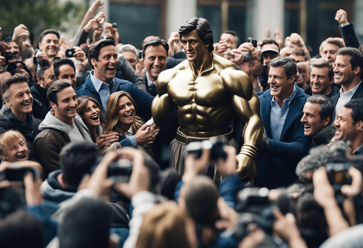 A crowd of fans eagerly interacts with a larger-than-life statue of Rocky Balboa, while cameras capture the positive public perception surrounding the iconic character