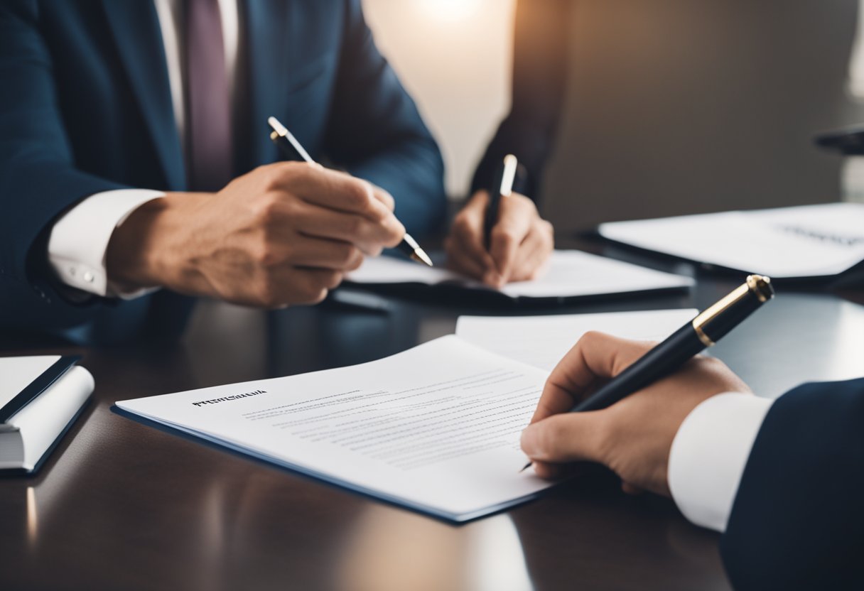 A person signing a contract with a lawyer standing nearby