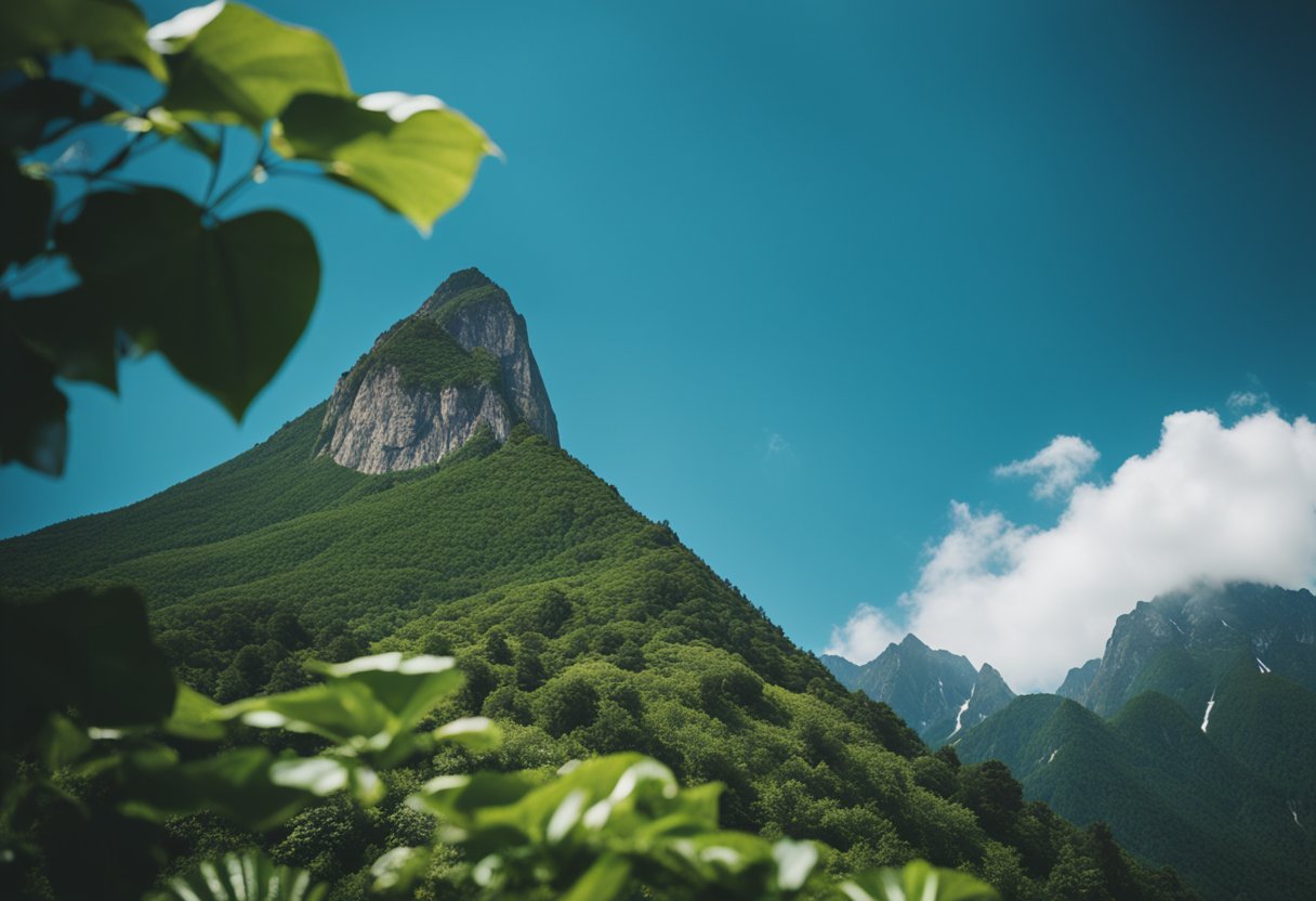 A majestic mountain peak, surrounded by lush greenery and a clear blue sky, with a sense of grandeur and strength