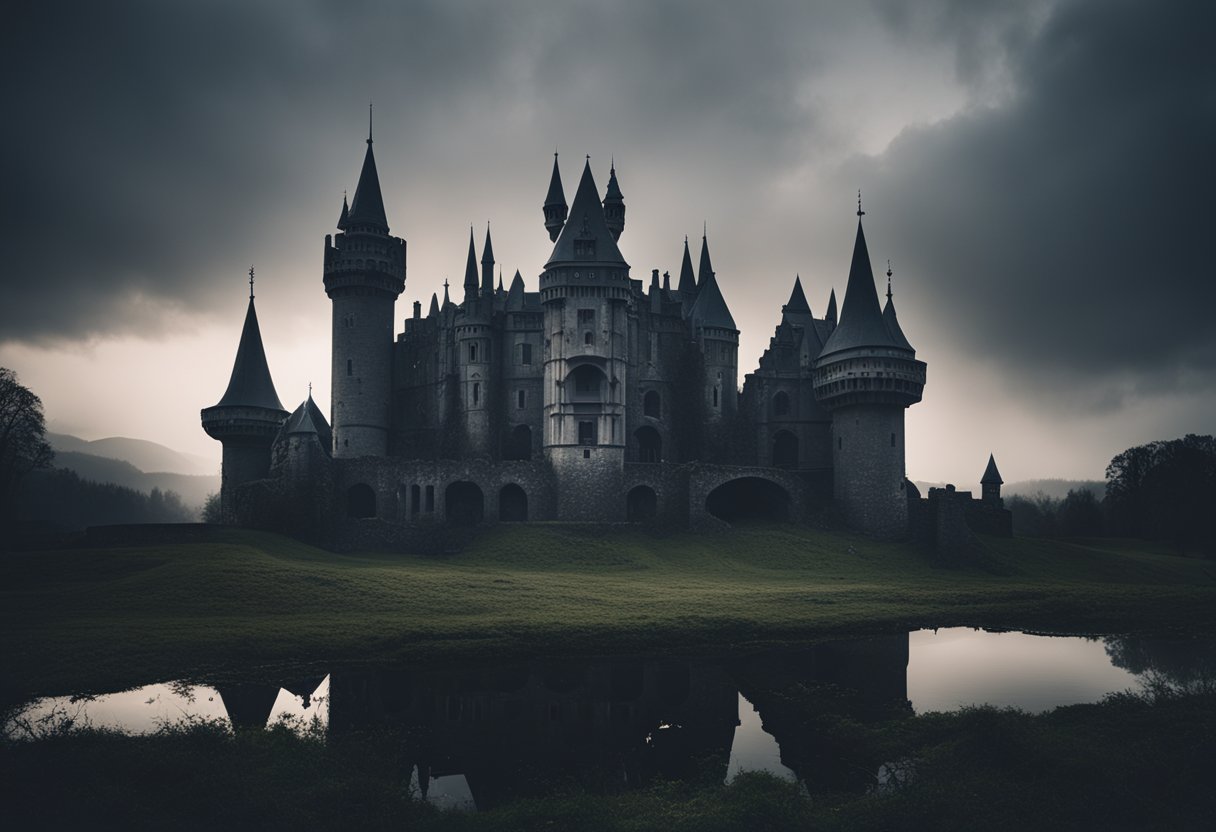 A dark, gothic castle with intricate architecture and ominous atmosphere