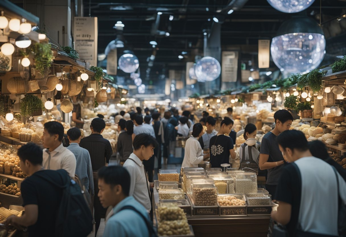 A bustling market with a prominent "From Software" booth, surrounded by eager customers. A crystal ball reveals a bright future for the company