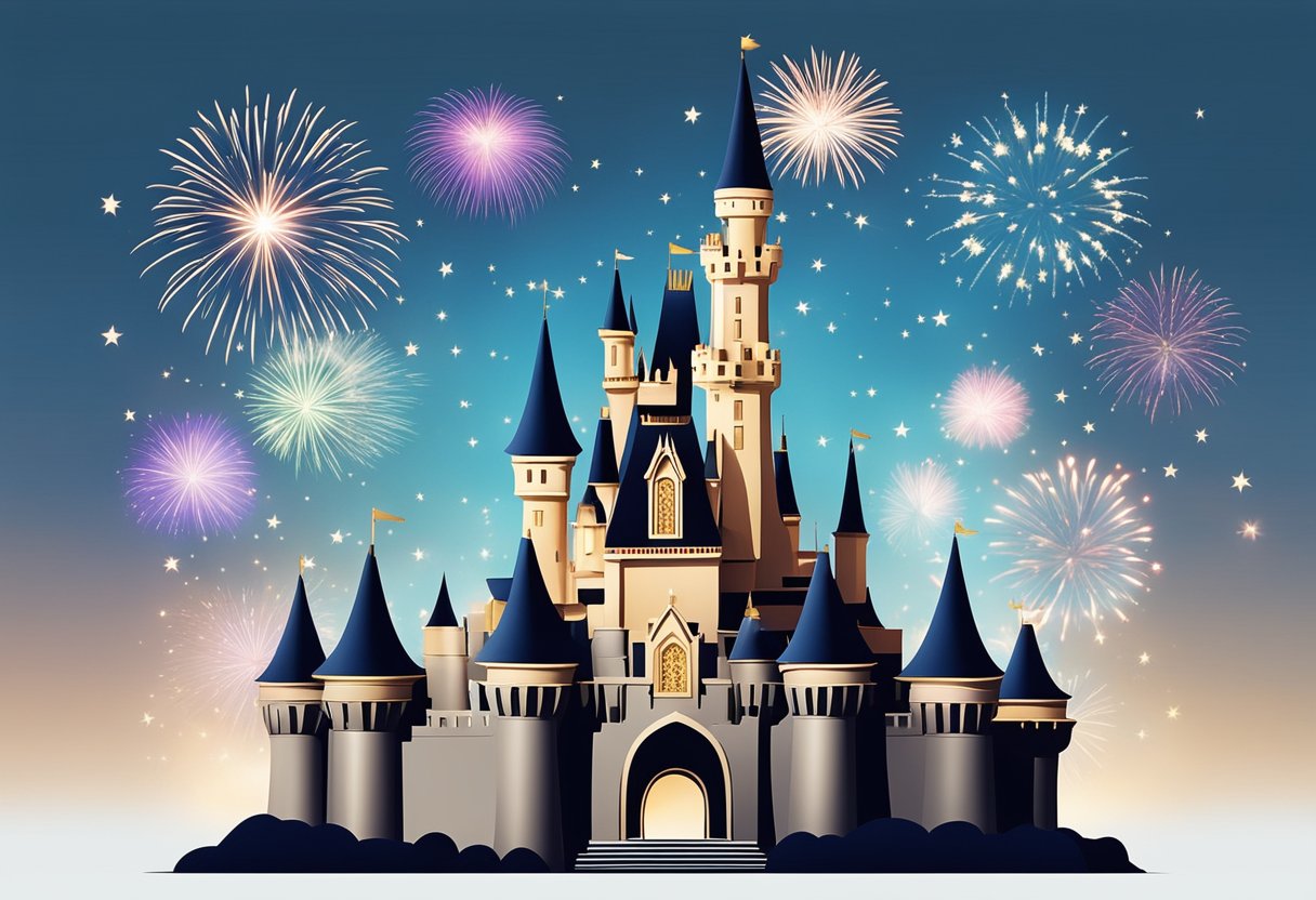 The iconic Disney castle atop a mountain, surrounded by fireworks and a starry sky