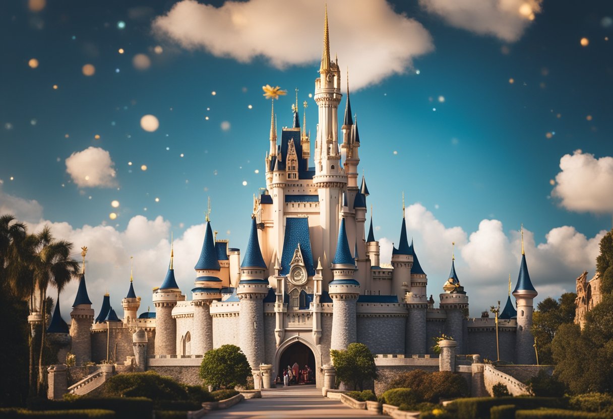 A grand castle with a shining crown atop, surrounded by magical characters and symbols of Disney's legacy