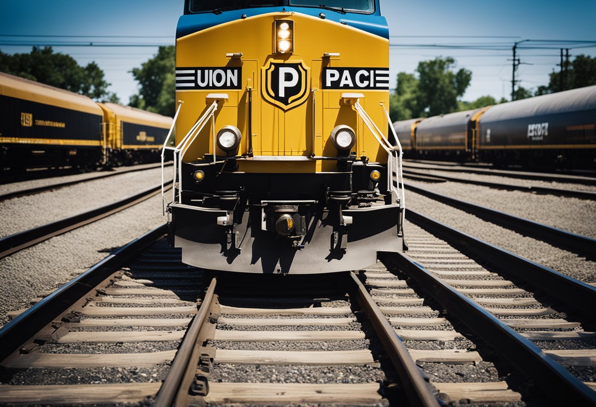 A powerful locomotive speeds along the tracks, pulling a long line of freight cars emblazoned with the Union Pacific logo