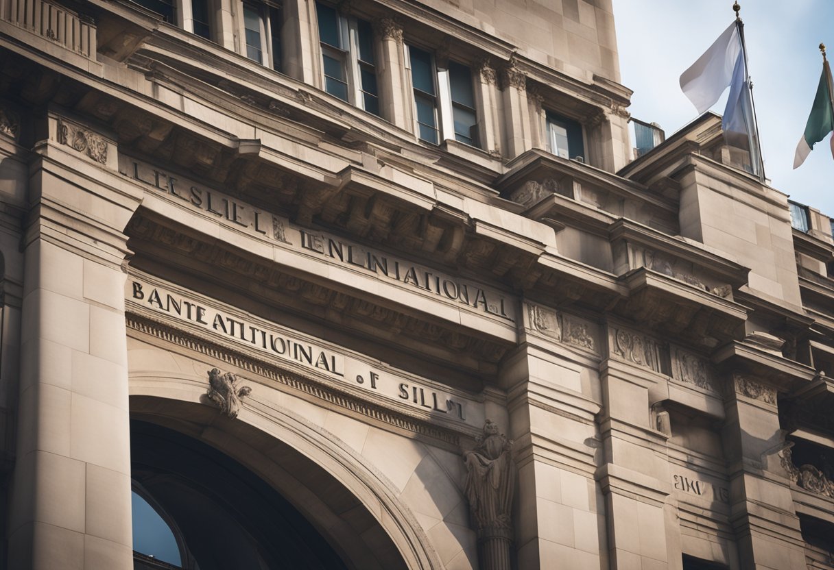 A grand, imposing building stands tall with a flag flying high, symbolizing the ownership of the Bank for International Settlements