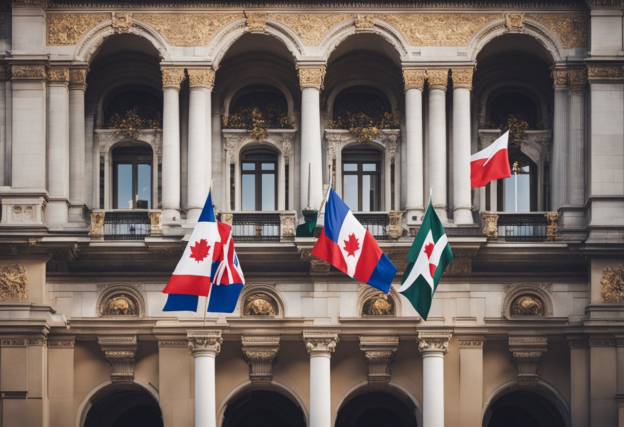 A grand building with ornate architecture stands tall, adorned with flags representing various nations