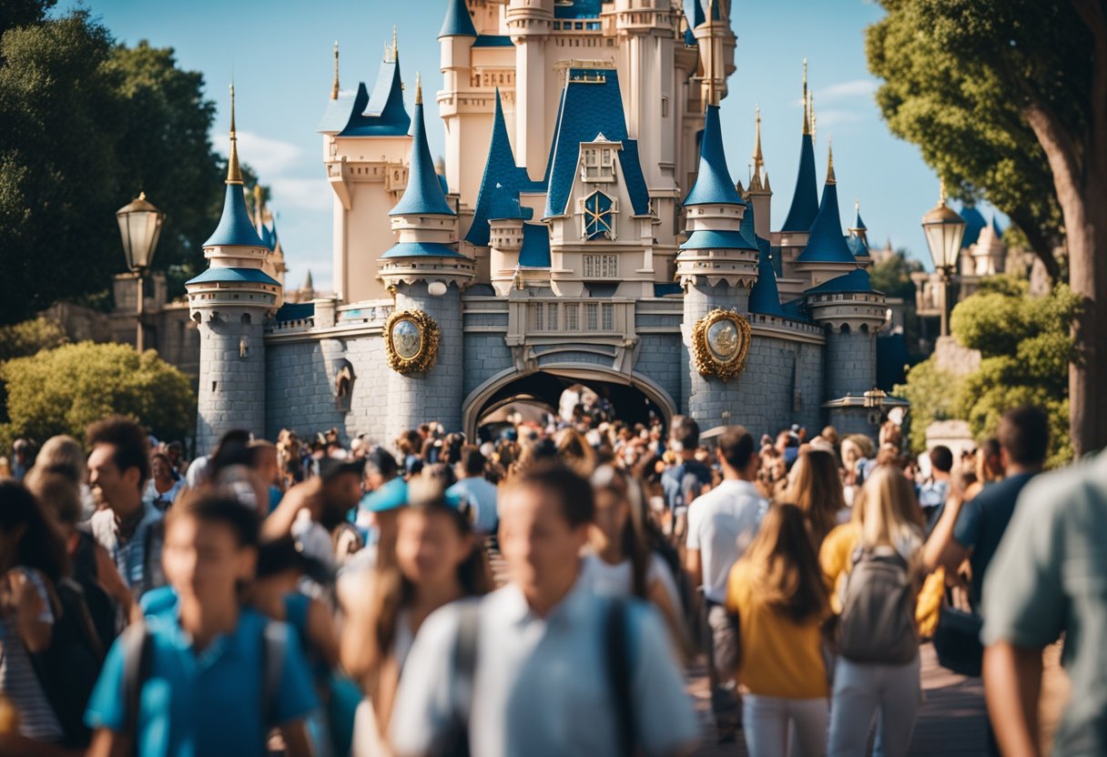 A grand, bustling Disney theme park with iconic castle, thrilling rides, and joyful visitors
