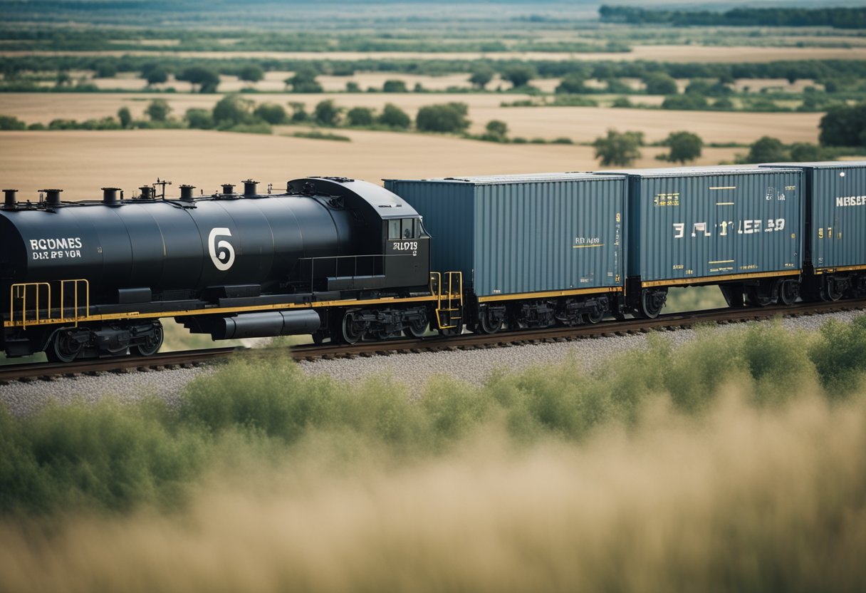 A powerful locomotive pulling a long line of freight cars through a vast, open landscape