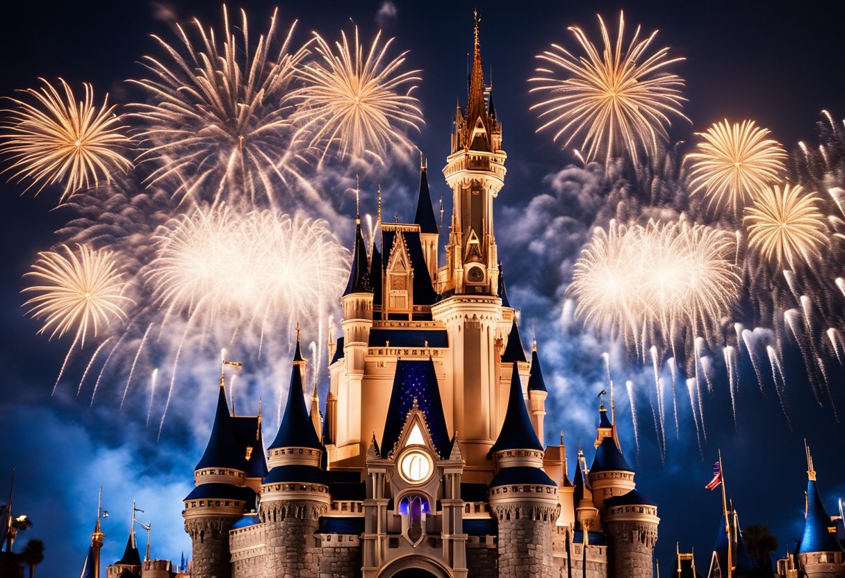 The iconic Disney castle stands tall, with fireworks lighting up the sky, symbolizing the continued cultural and entertainment impact after Walt Disney's passing