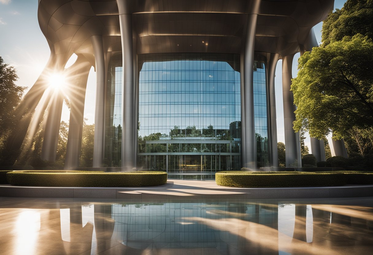 A grand, modern building stands tall, surrounded by lush gardens and flowing fountains. The sun reflects off its sleek glass exterior, exuding an air of power and prestige