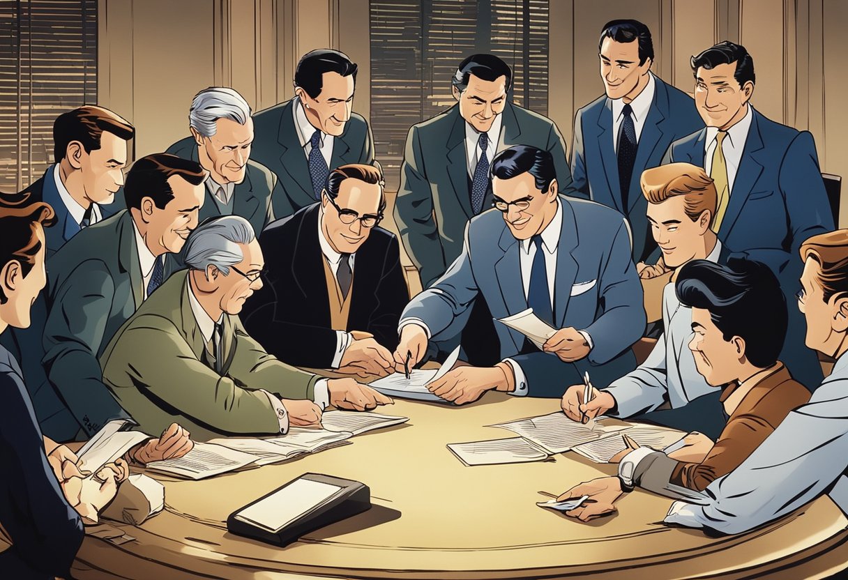 A group of investors and shareholders gather around a table, exchanging documents and signing contracts, symbolizing the transfer of ownership of Disney after Walt's passing