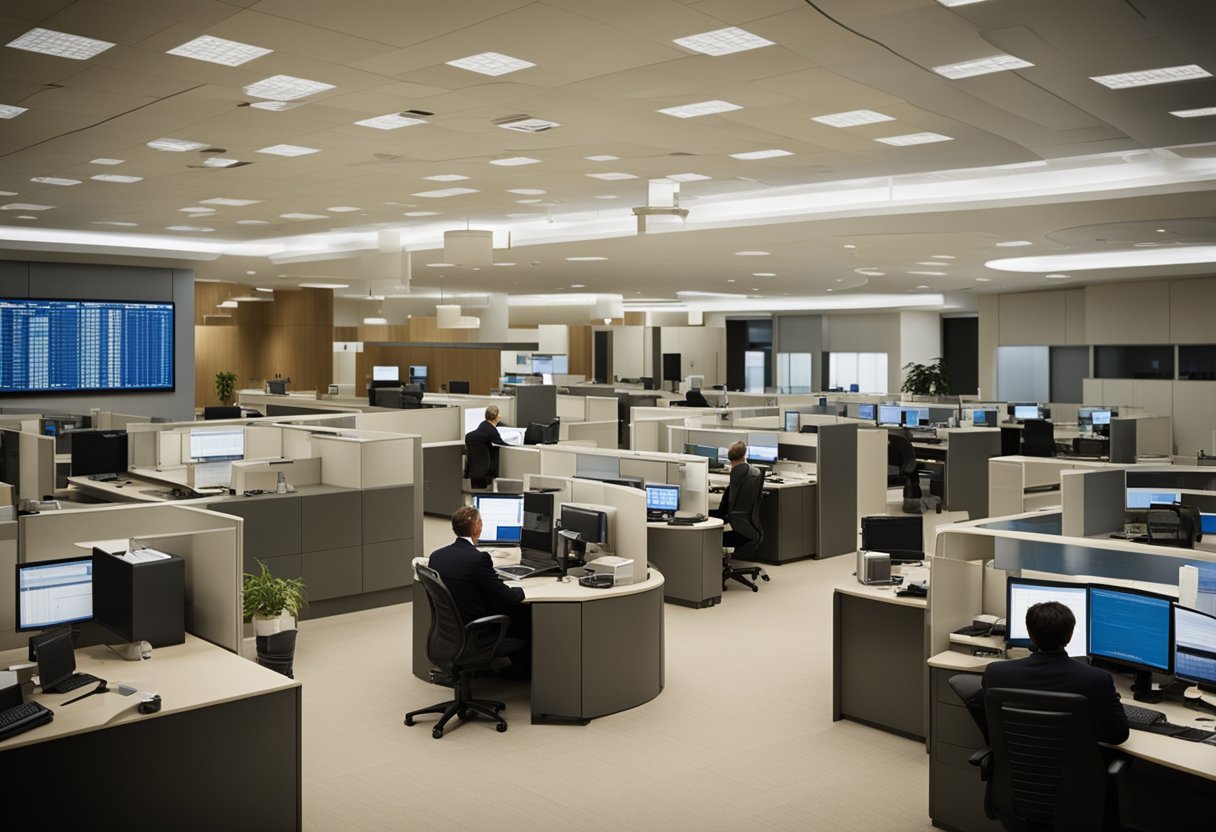 The bustling Financial Operations office oversees the bank for international settlements, with employees busy at their desks and the logo prominently displayed