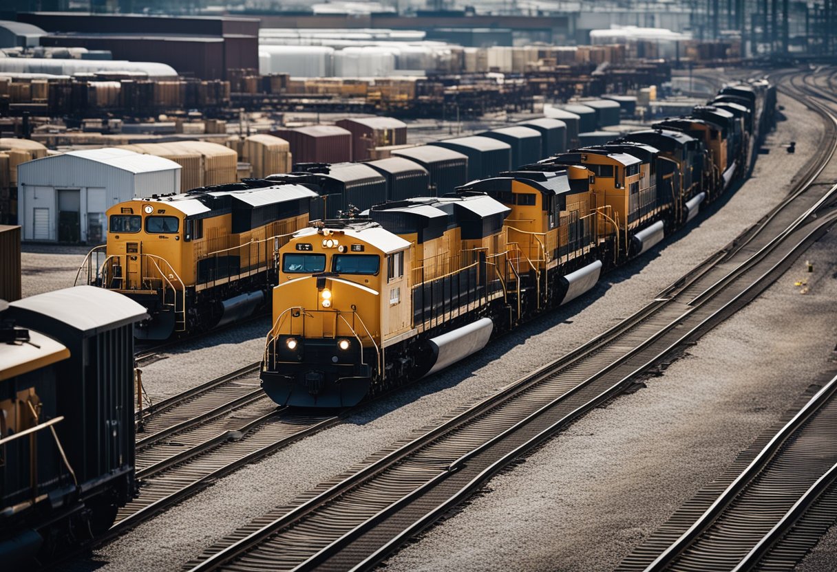 A busy rail yard with multiple tracks, locomotives, and freight cars, surrounded by industrial buildings and equipment