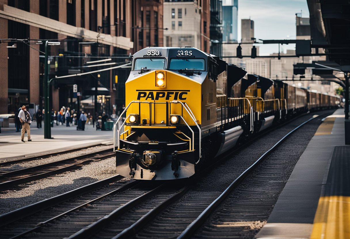 A powerful Union Pacific train travels through a bustling city, connecting communities and transporting goods