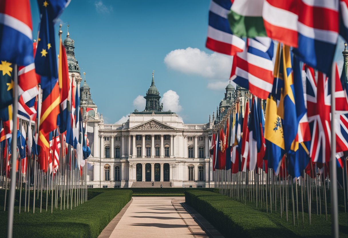 A grand building surrounded by flags from various countries, with a sense of authority and global influence
