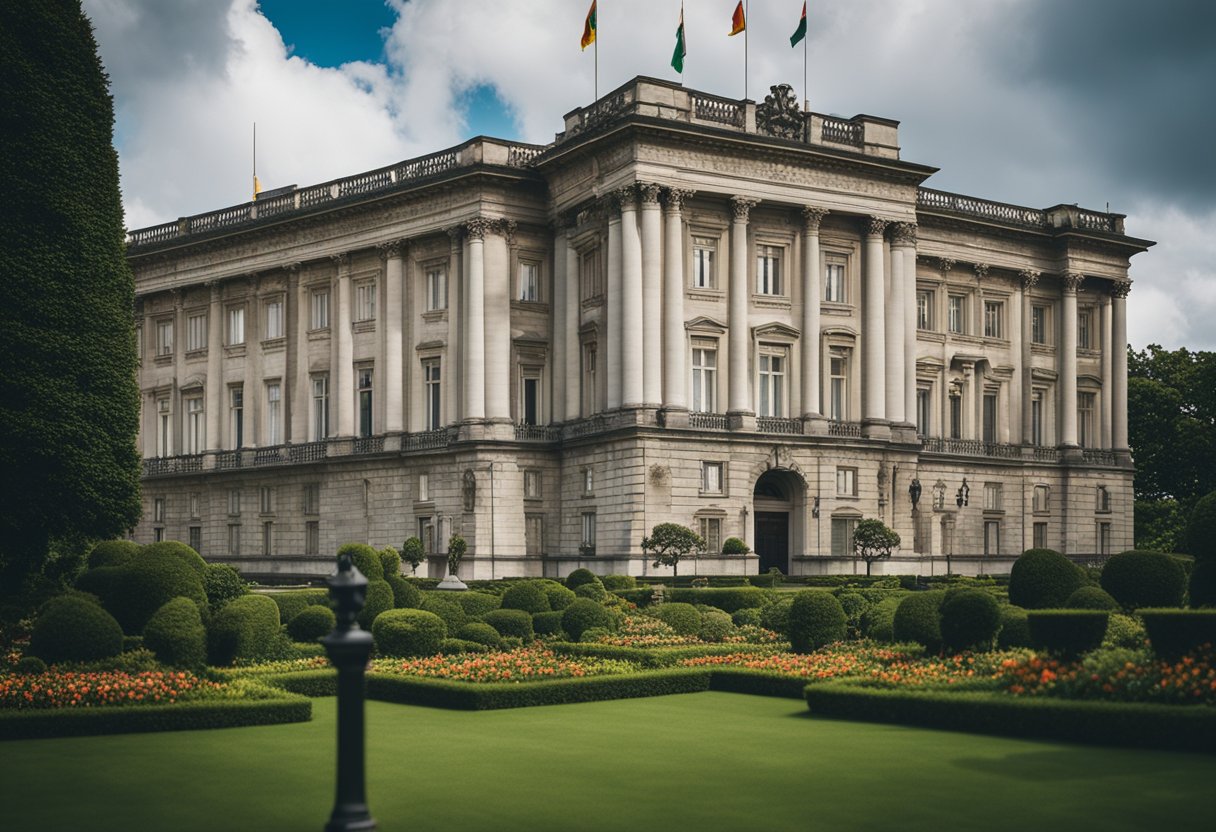 A grand, imposing building with flags flying high, surrounded by a lush, well-maintained garden, symbolizing the ownership and governance of the Bank for International Settlements