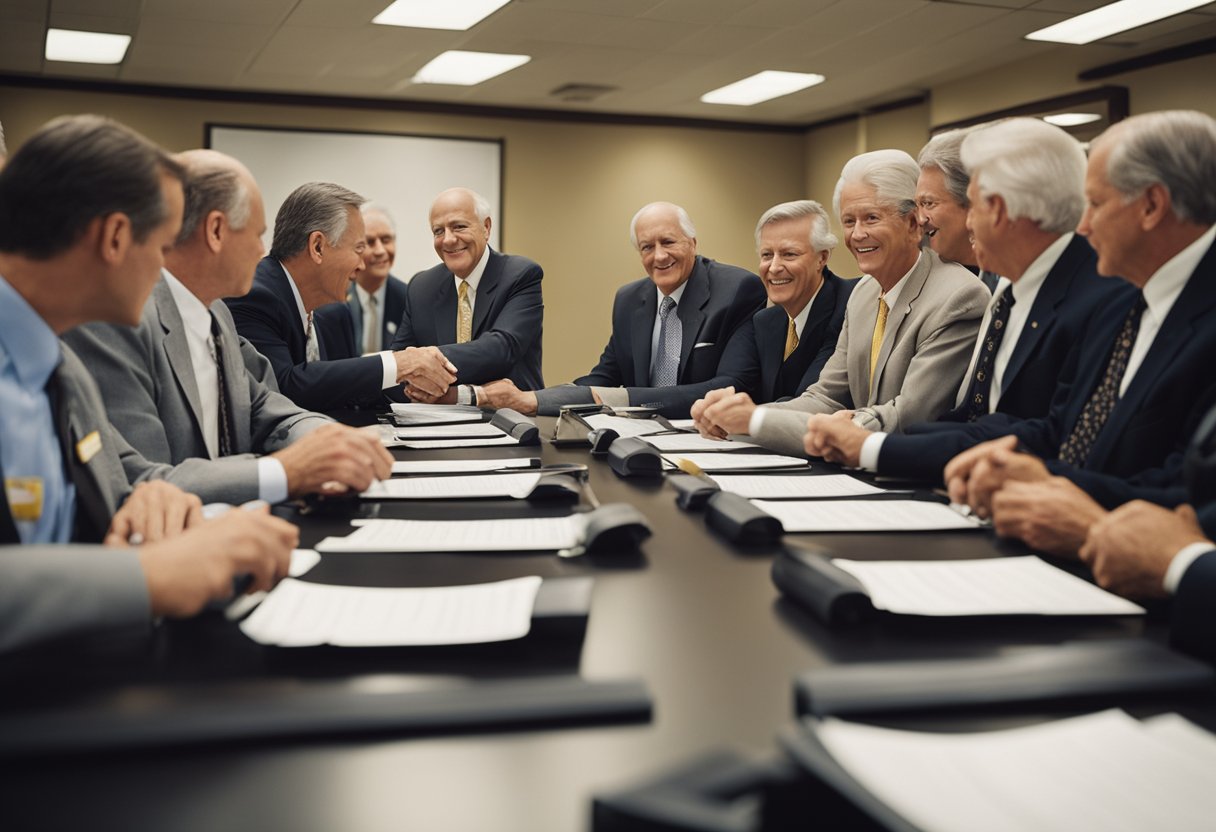 A group of shareholders review financial reports for Union Pacific Railroad