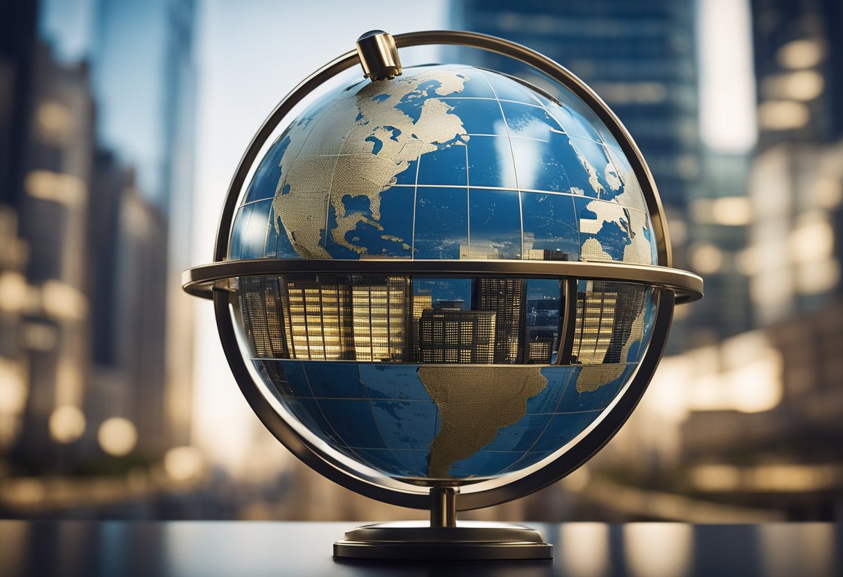 A globe surrounded by interconnected financial institutions with the Bank for International Settlements at the center, symbolizing its global impact and initiatives