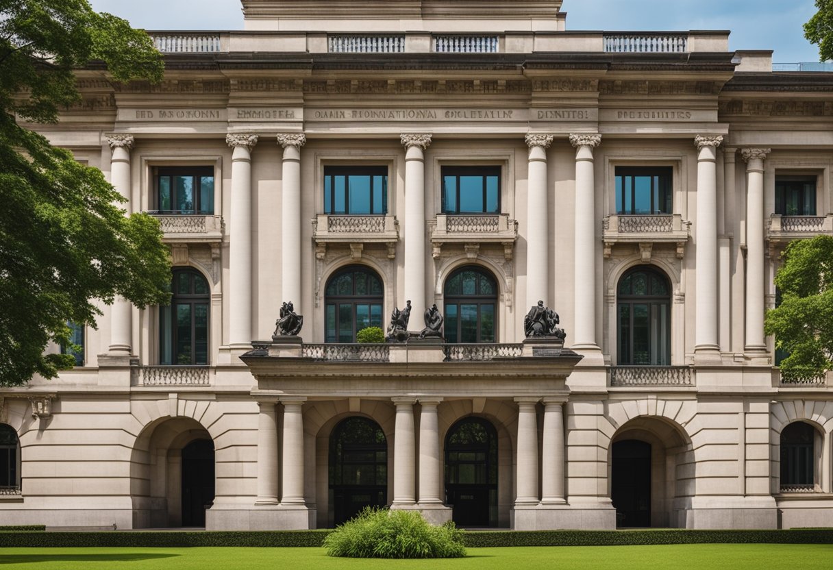 The grand facade of the Bank for International Settlements, surrounded by lush gardens and overlooking a serene river