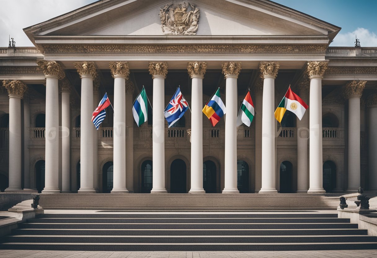A grand, imposing building with columns and a domed roof, surrounded by flags of different nations
