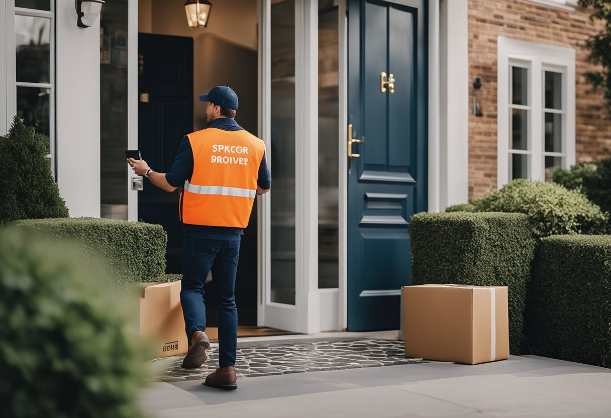 A delivery driver dropping off food at a customer's door