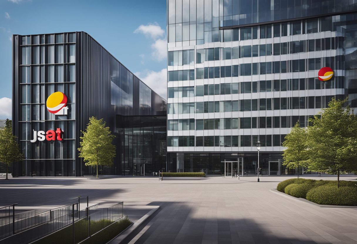 A large corporate office building with the Just Eat logo displayed prominently on the exterior