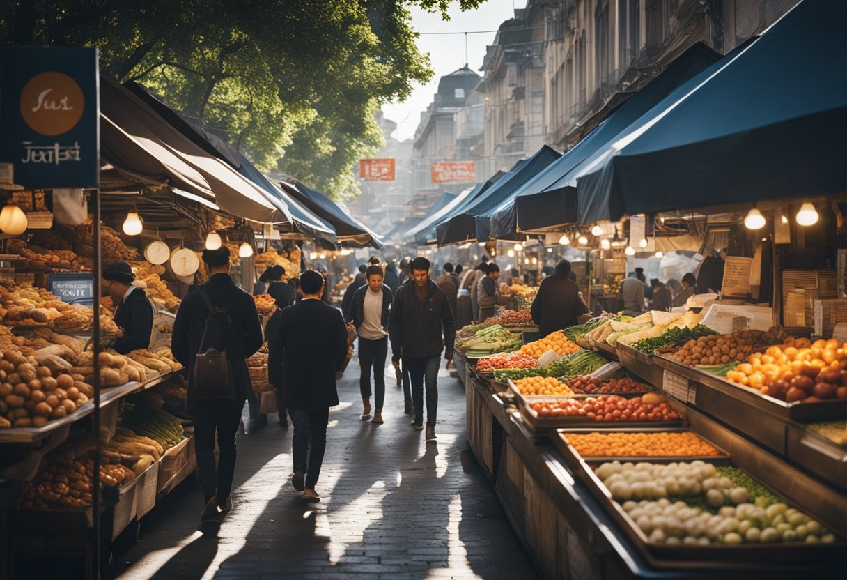 A bustling market with various food vendors, with a prominent "Just Eat" logo displayed prominently