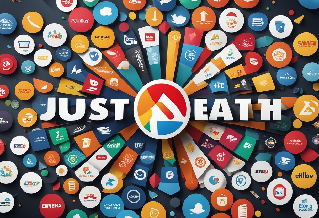 A group of corporate logos, including Just Eat, are arranged in a circle with arrows pointing towards each other, symbolizing strategic partnerships and acquisitions