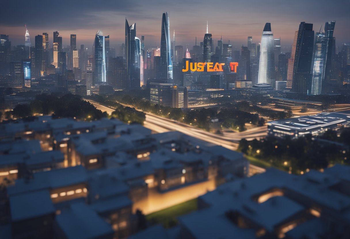 A futuristic city skyline with a prominent Just Eat logo displayed on a high-tech building. Delivery drones and self-driving delivery vehicles are seen transporting food orders