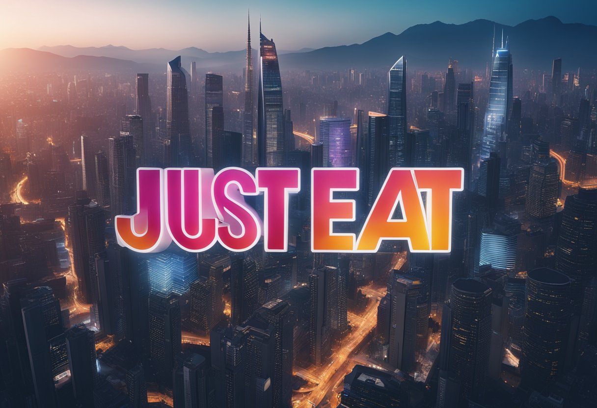 A futuristic city skyline with a glowing Just Eat logo atop a towering skyscraper