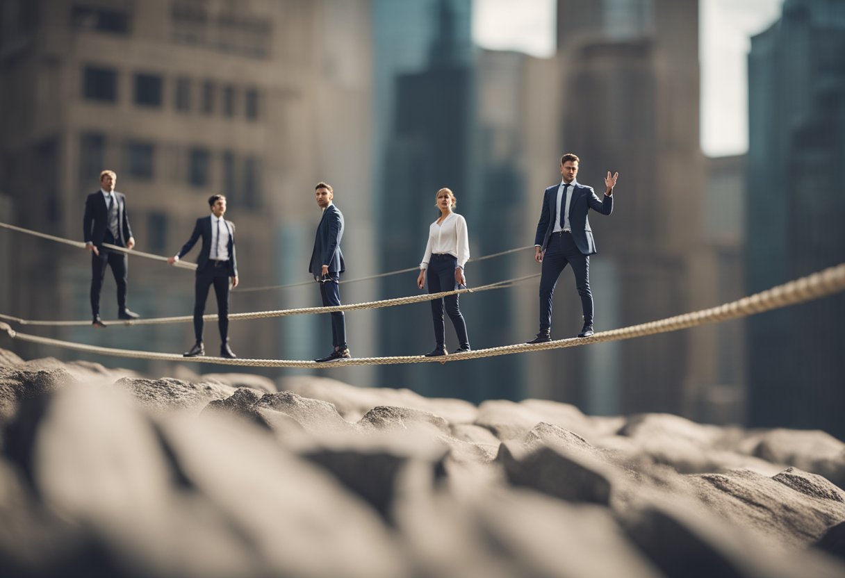 A group of individuals standing on a tightrope with a series of obstacles and pitfalls below