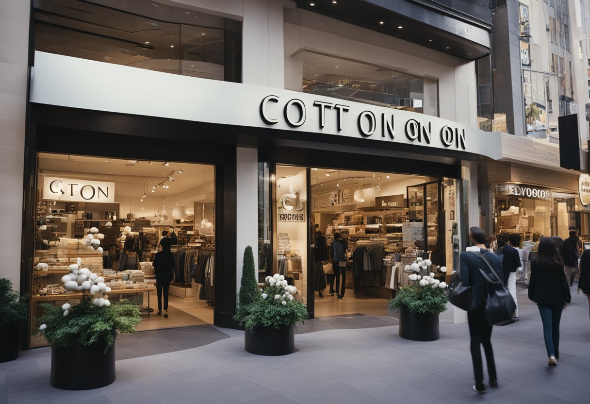 A bustling storefront with a prominent "Cotton On" sign above the entrance, surrounded by a busy shopping district