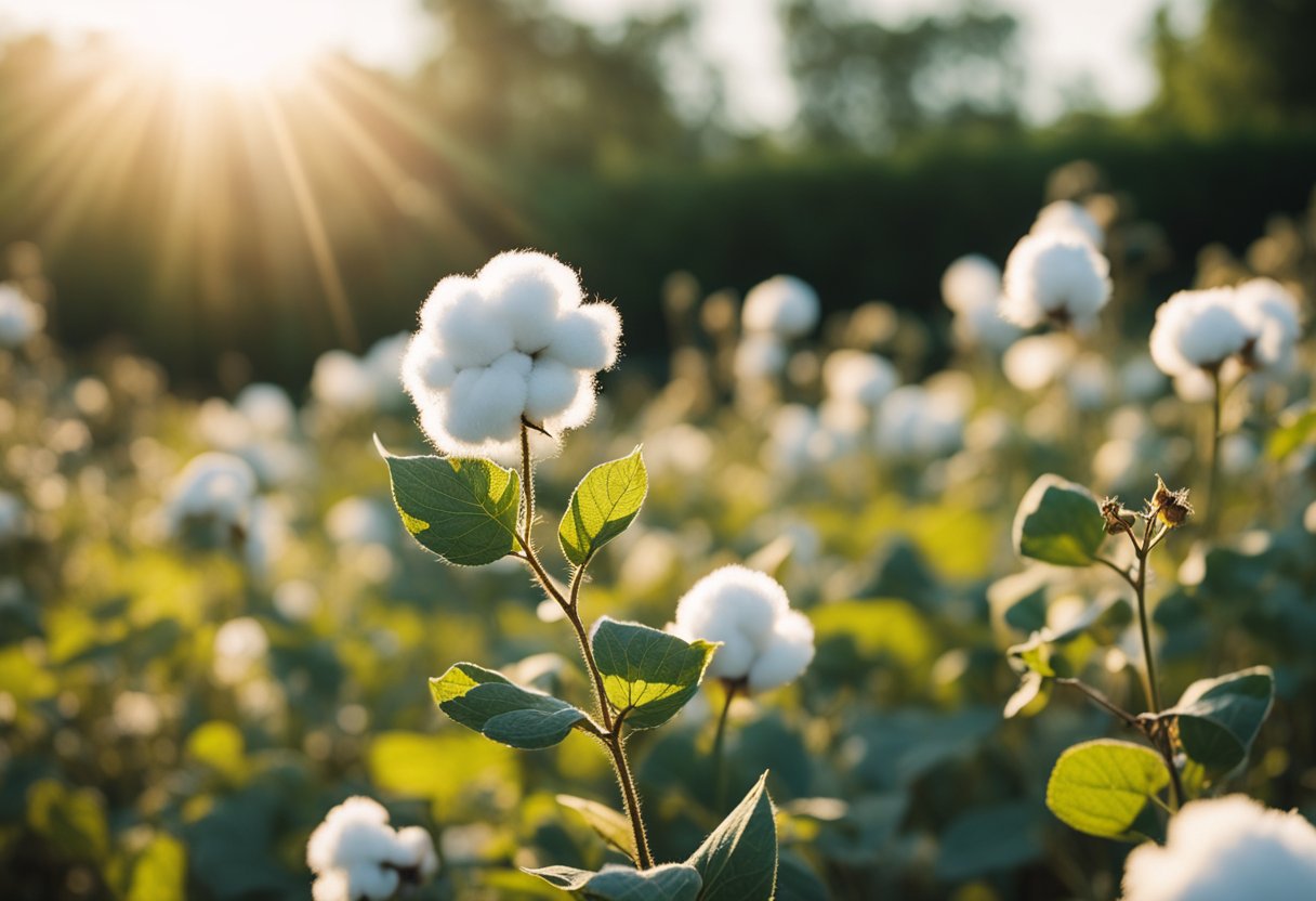 A cotton plant standing tall in a field, surrounded by other plants, under a bright sun