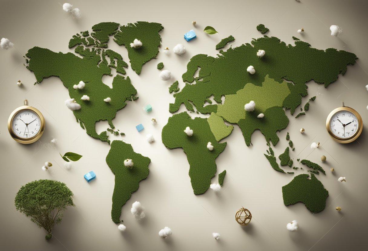 A world map with cotton plant icons scattered across continents, surrounded by various market symbols and impact indicators