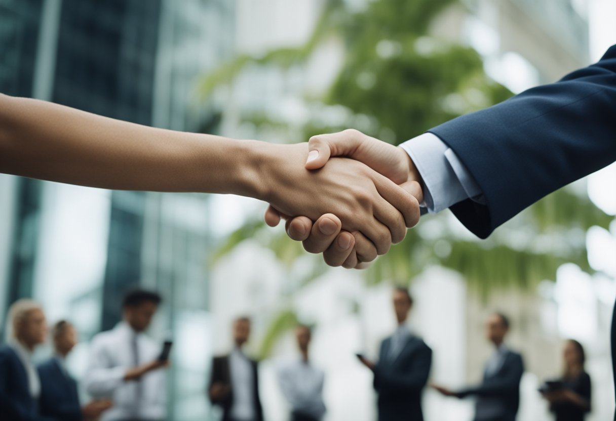 A group of people from different companies shaking hands and exchanging business cards