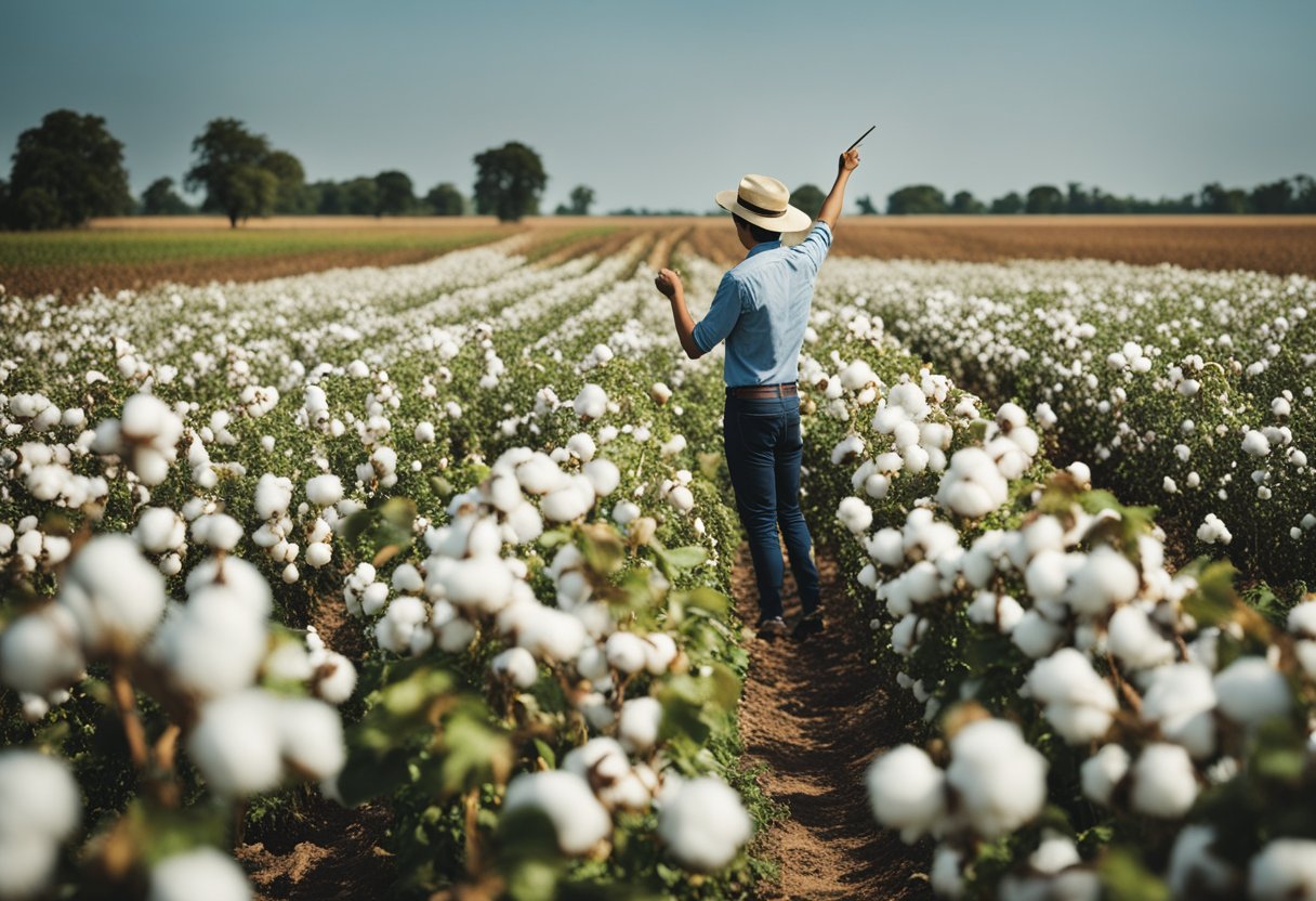 A cotton field with two opposing groups of people pointing at a map and gesturing towards the crops