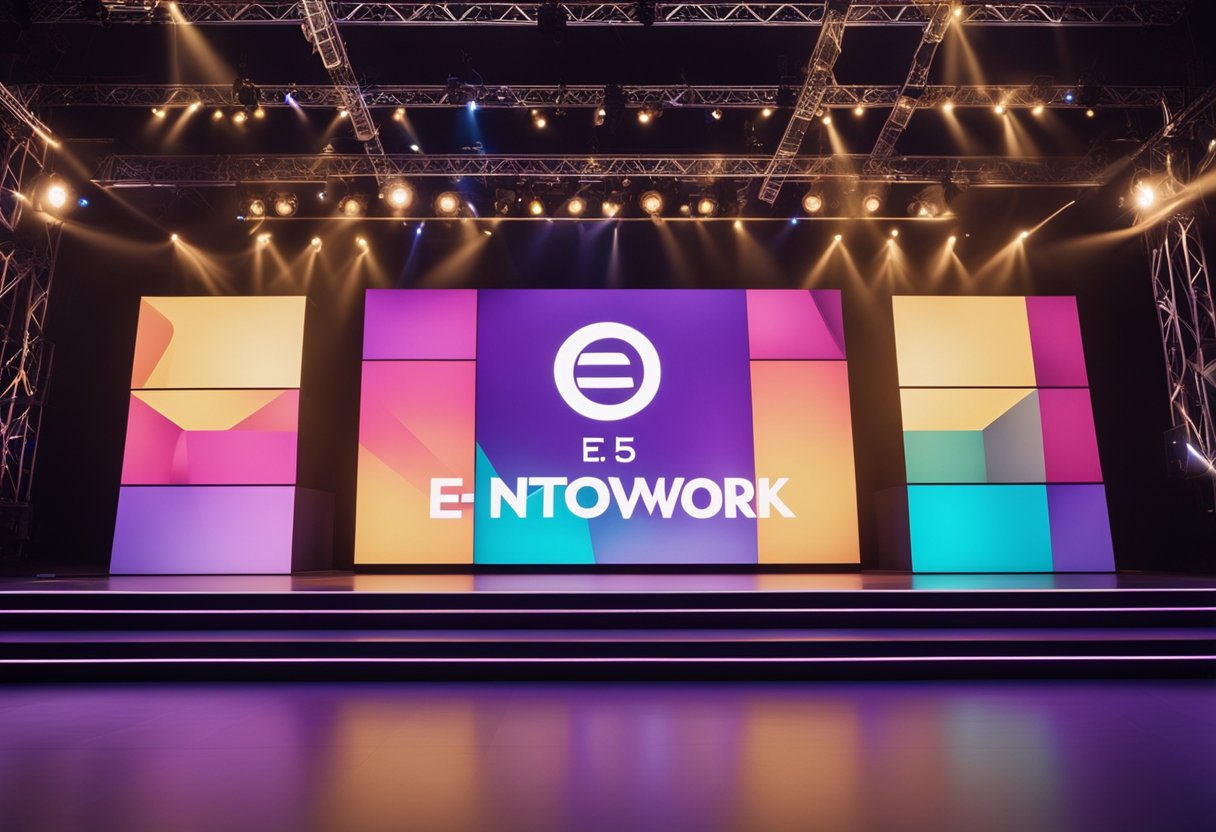 A brightly lit stage with colorful spotlights and a large screen displaying the logo of E Network