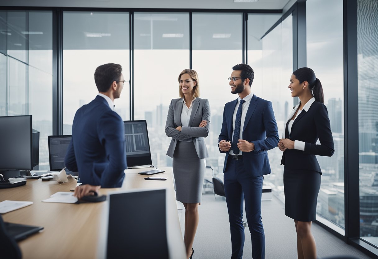A group of business people discussing financial aspects in a modern office setting, with computer screens and charts visible in the background