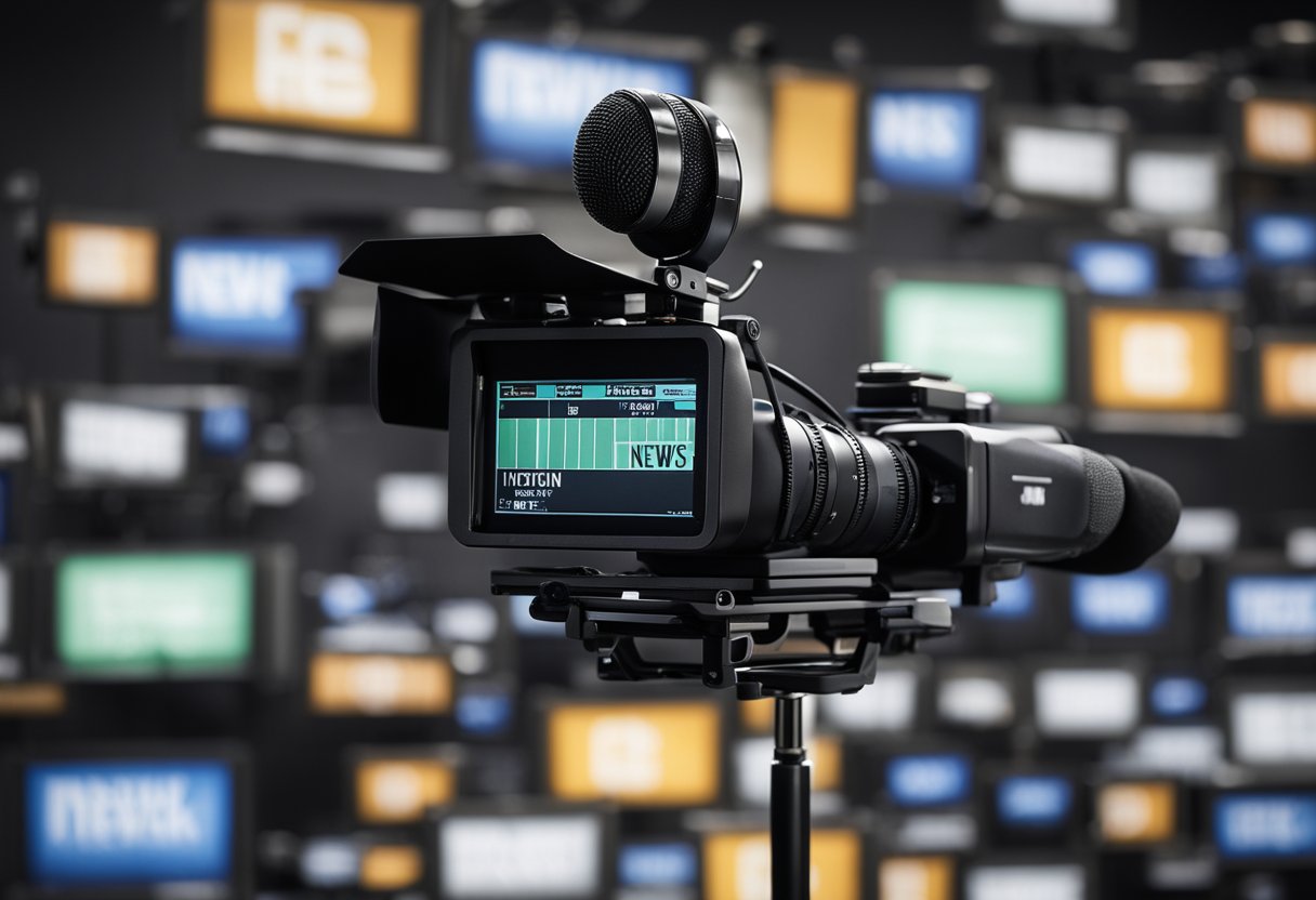 A microphone surrounded by cameras and news equipment, with the E network logo displayed prominently in the background