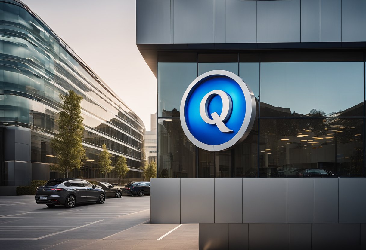 A modern office with the Qualcomm logo displayed prominently on the building facade. Surrounding the building are several parked cars and a bustling atmosphere