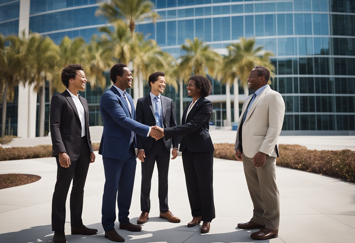 A group of diverse individuals shaking hands in front of the Qualcomm headquarters, symbolizing strategic partnerships and collaborations