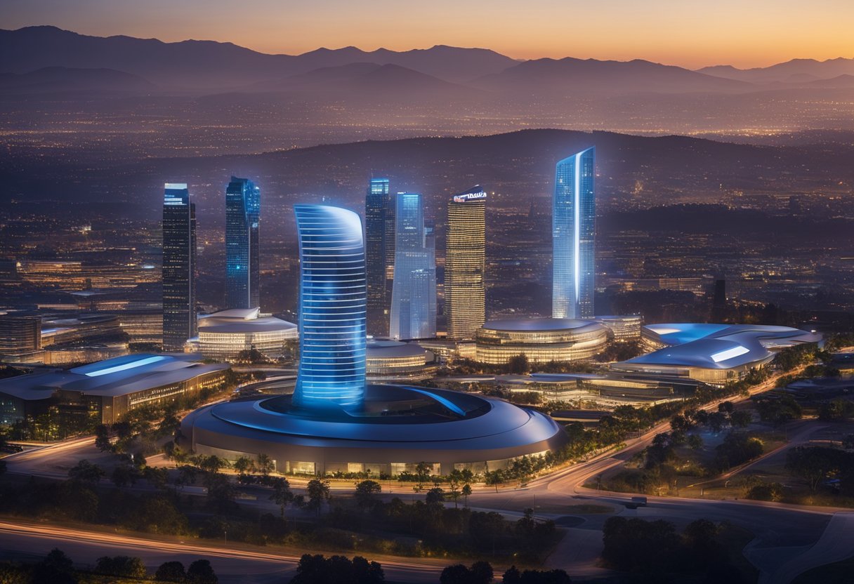 A futuristic city skyline with Qualcomm headquarters dominating the skyline, surrounded by cutting-edge technology and innovation centers