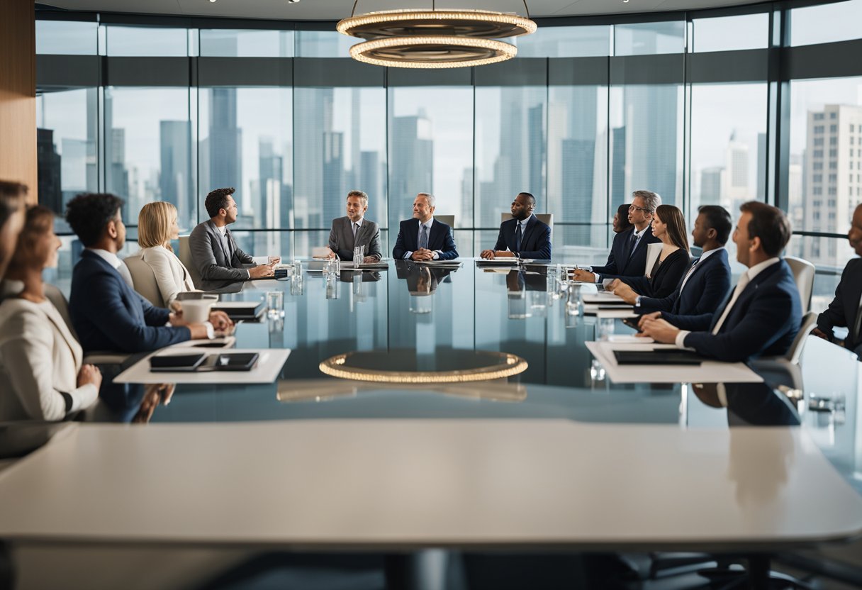 A group of executives seated around a large conference table, discussing and making decisions about the ownership of Qualcomm