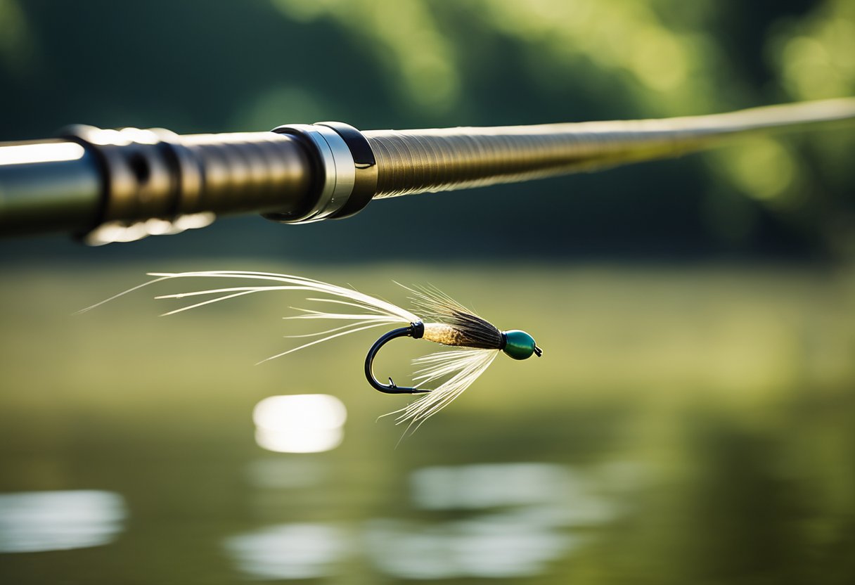 A fly fishing line being cast over a serene river, made of clear fluorocarbon material, with a leader line extending from it