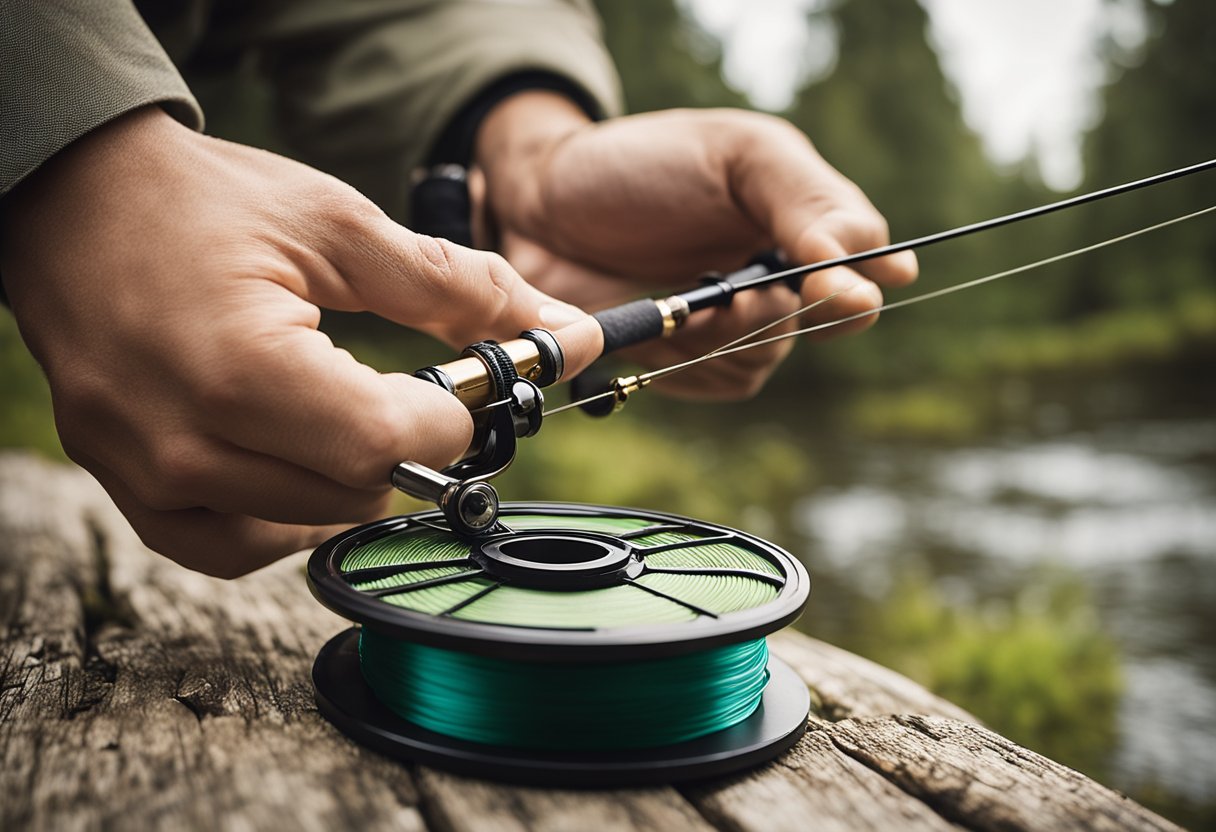 A fly fishing leader line being carefully selected and spooled onto a reel, with a spool of fluorocarbon material in the background
