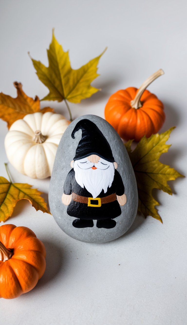 A spooky Halloween gnome painted rock nestled among autumn leaves and pumpkins