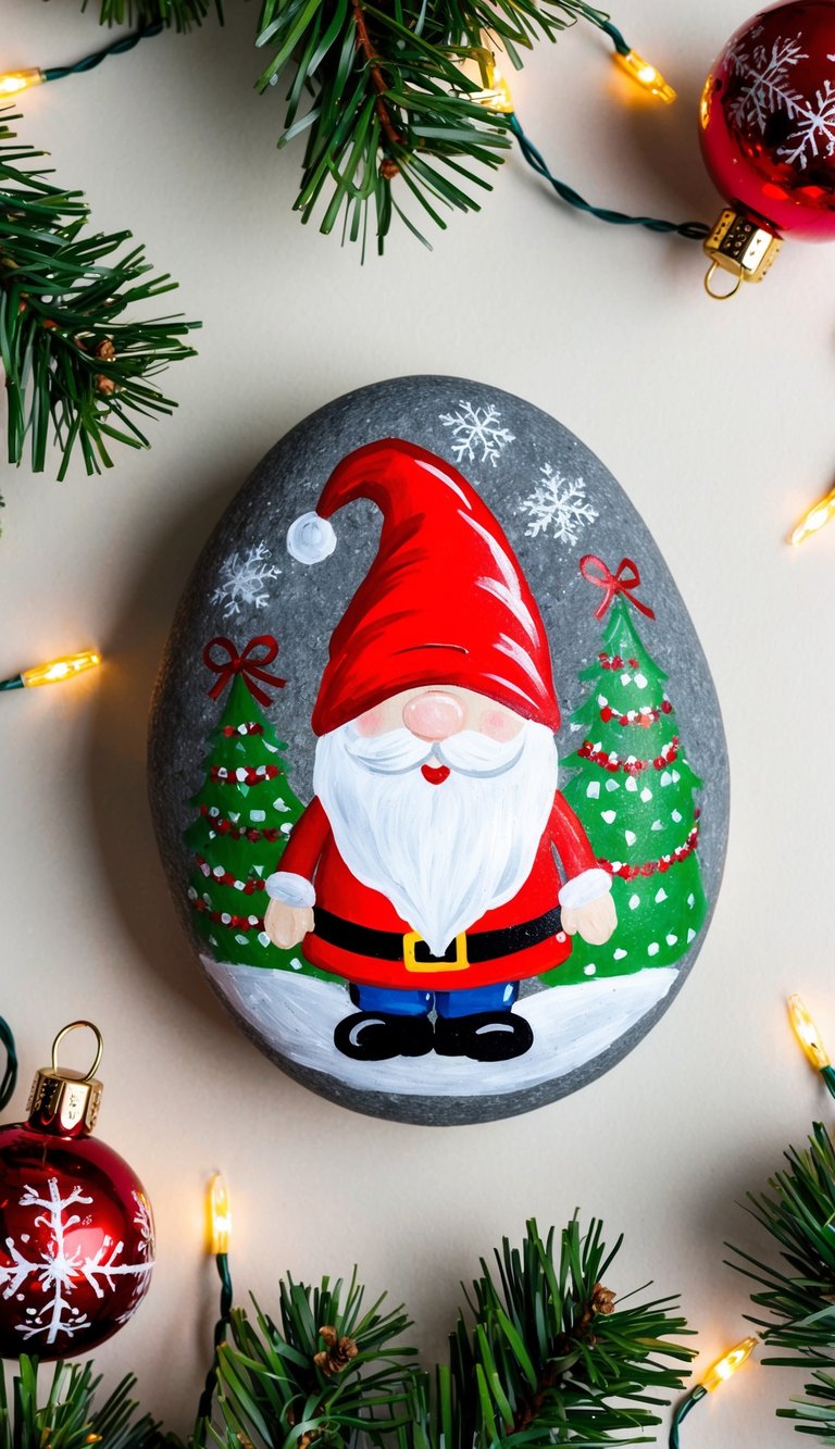 A cheerful Christmas gnome painted rock surrounded by festive decorations and twinkling lights