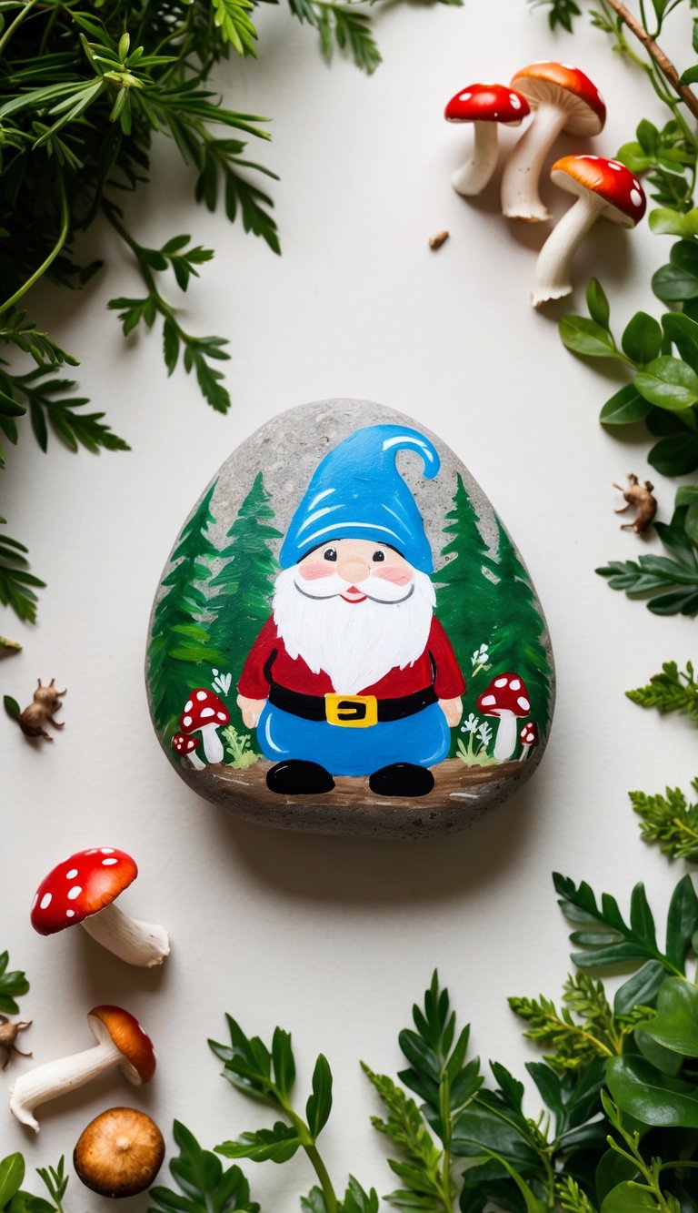 A gnome painted rock nestled among forest foliage, surrounded by mushrooms and tiny woodland creatures
