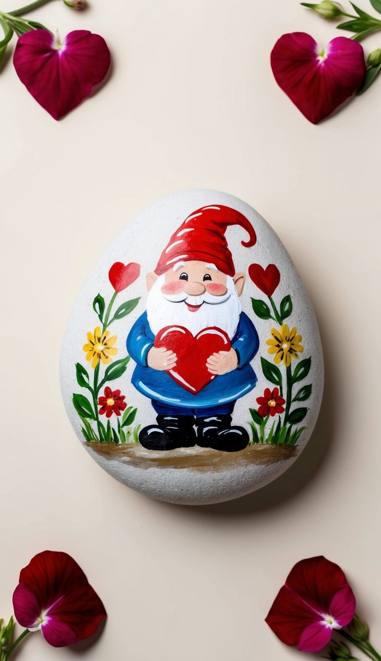 A smiling gnome holding a heart, surrounded by flowers and hearts